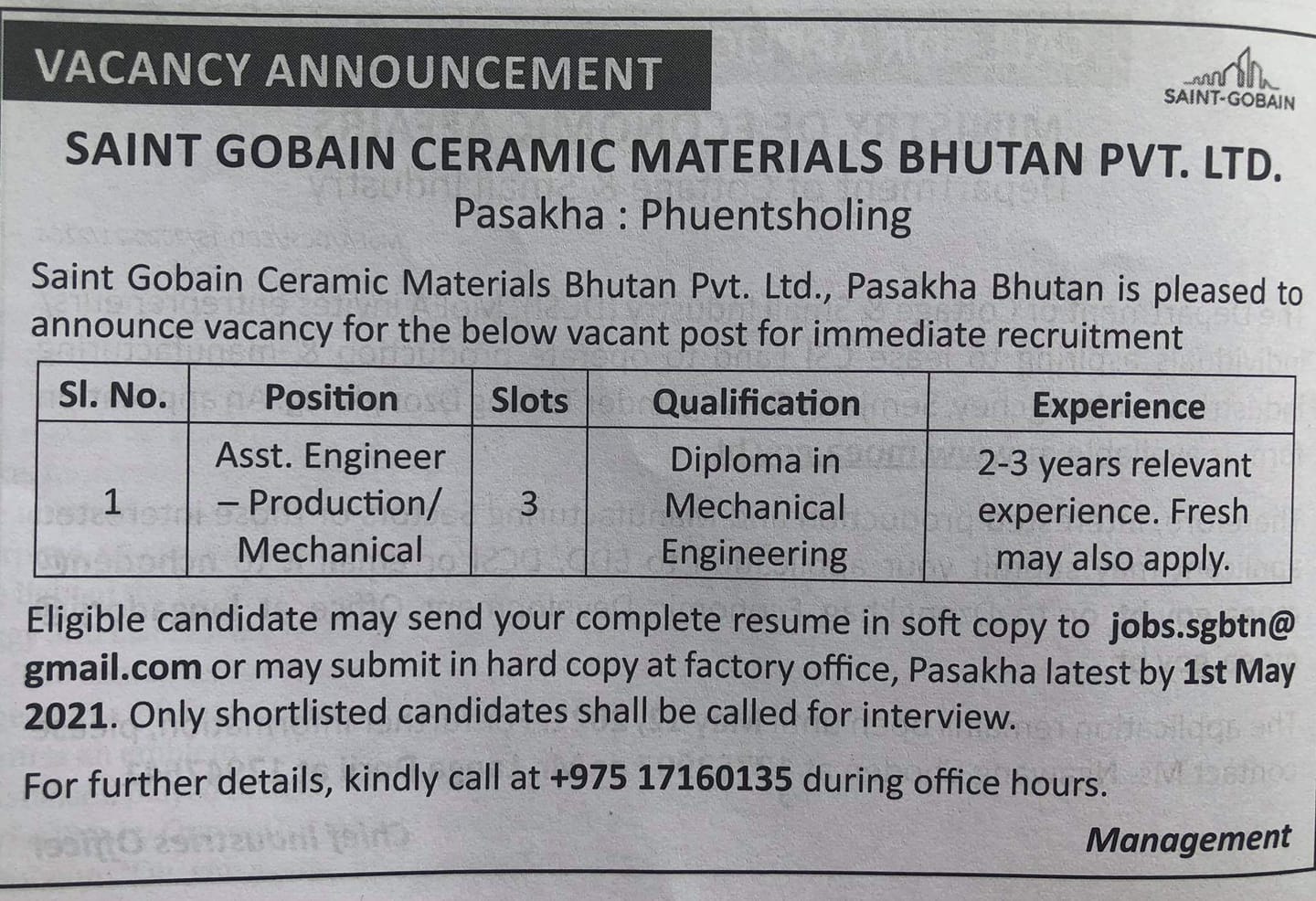 Vacancy 2021 Saint Gobain Ceramic